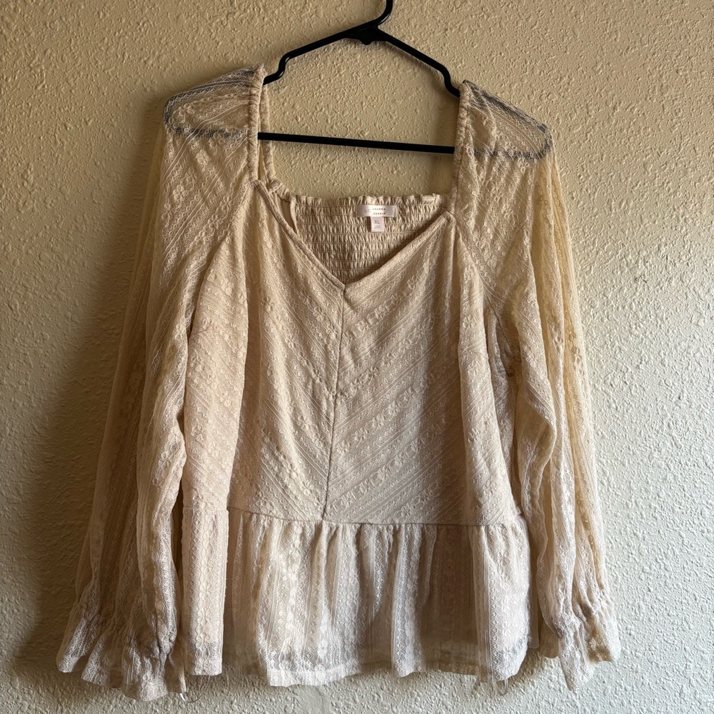 LC Lauren Conrad Cream Lace Peplum Blouse